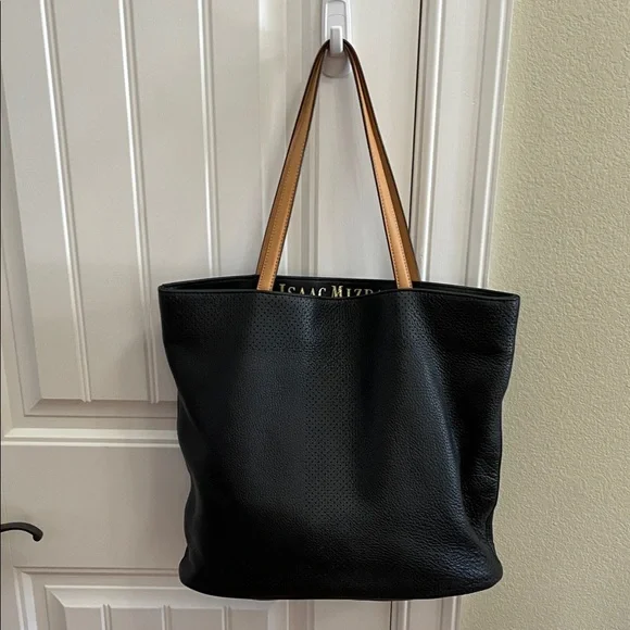 Isaac Mizrahi Black Leather Tote with Tan Straps - Picture 3 of 9